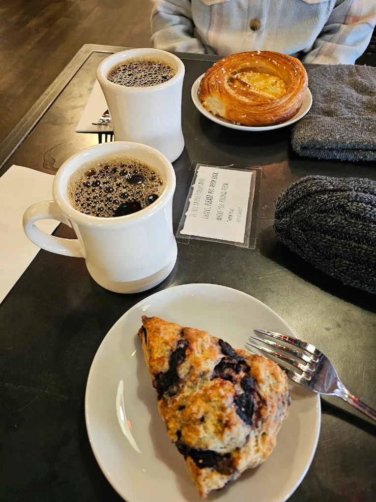 Coffee and pastries on the patio table